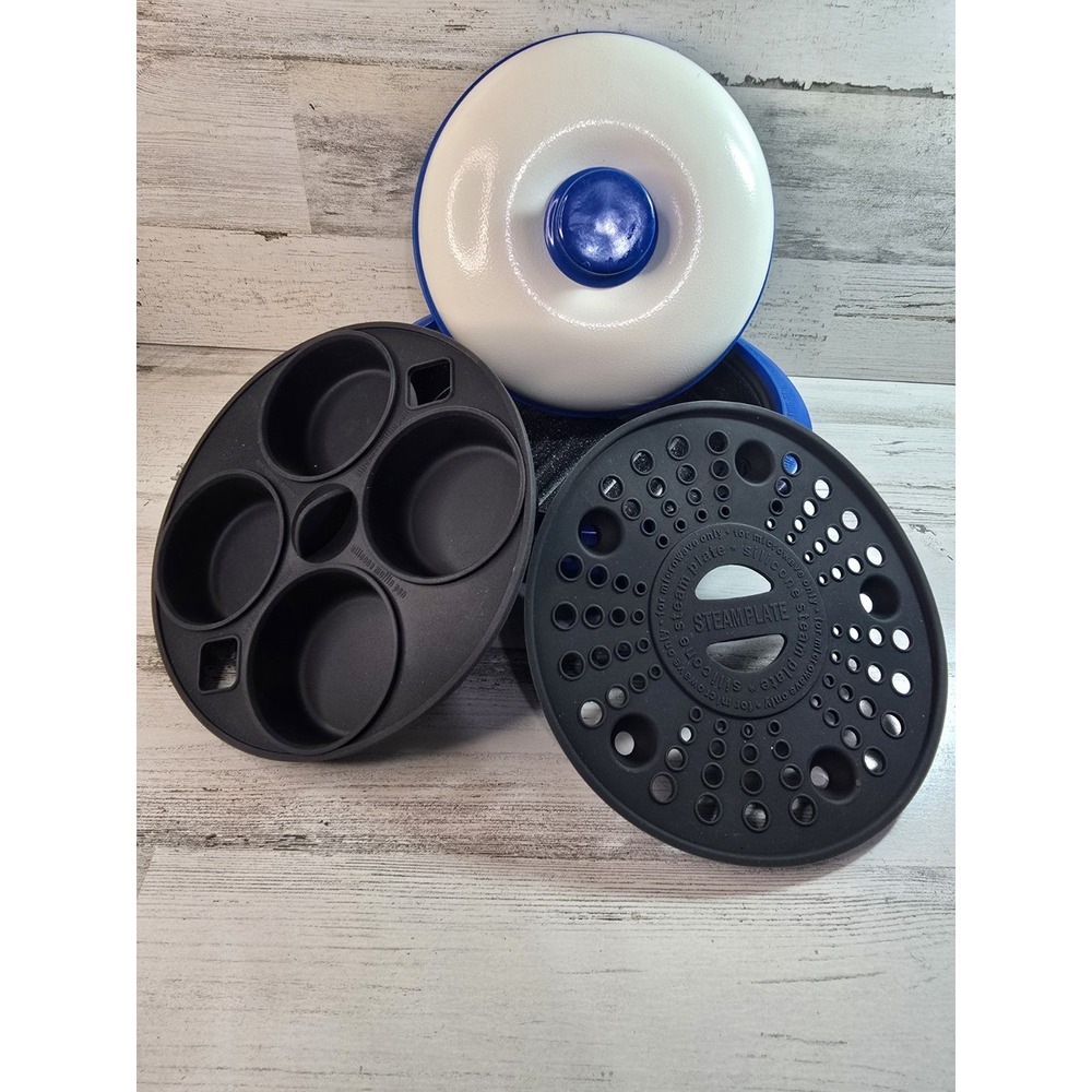 Microwave Cooker Set with Grill Base Steam Plate and Silicone Muffin‎ Pan Blue